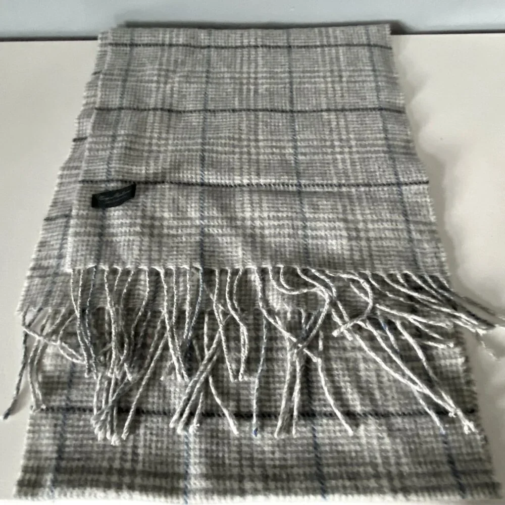 Enya Mantavani Grey Cashmere Plaid Heritage Gorpcore Preppy Fringe Scarf 66